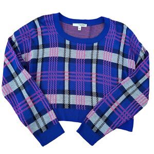 Say What? Women’s Crop Long Sleeves Sweater Multicolor Blue/Neon Pink Size L